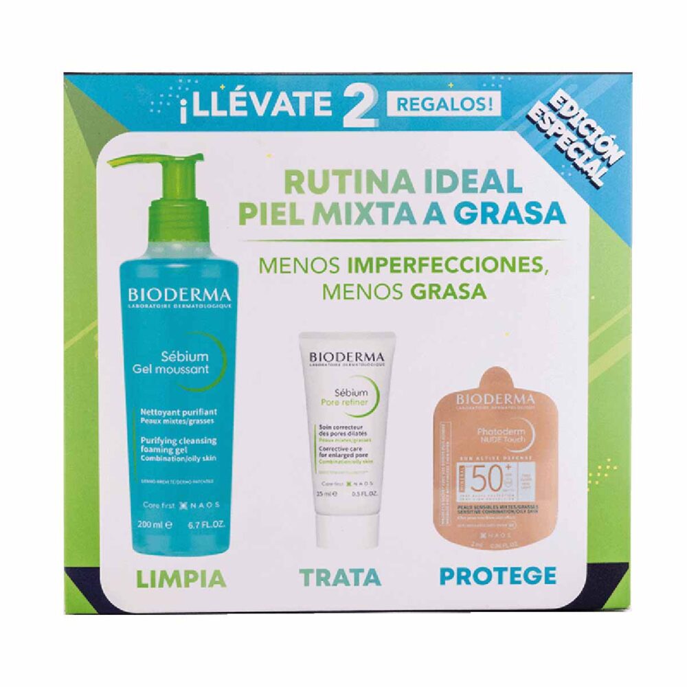 KIT-SEBIUM GEL MOUSSANT 200ML+SEBIUM PORE REFINER 15ML+PHOTODERM NUDE TOUCH CLARO 2ML